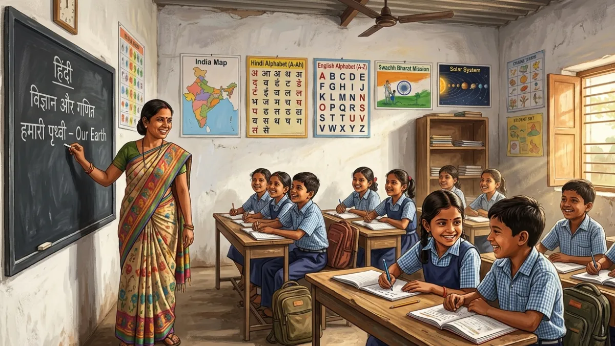Indian government school classroom with children in uniform, female teacher teaching at blackboard
